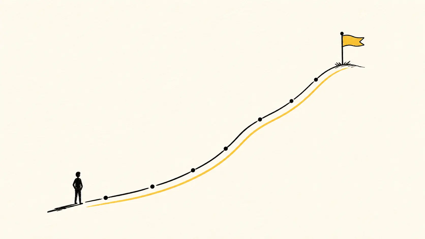 A figure walking up a path that bends sharply upward at the end