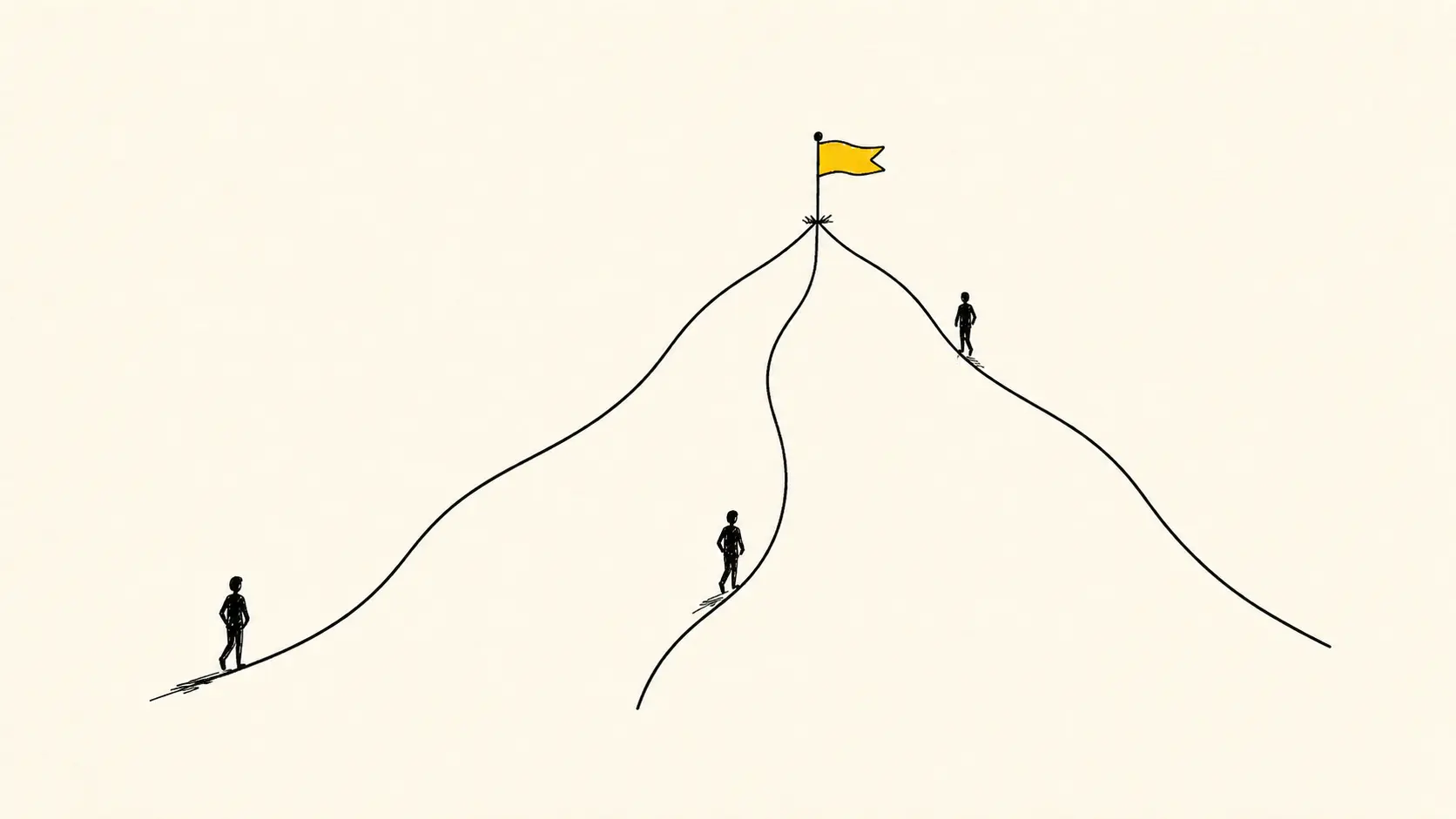 Three figures of different ages converging on a similar destination