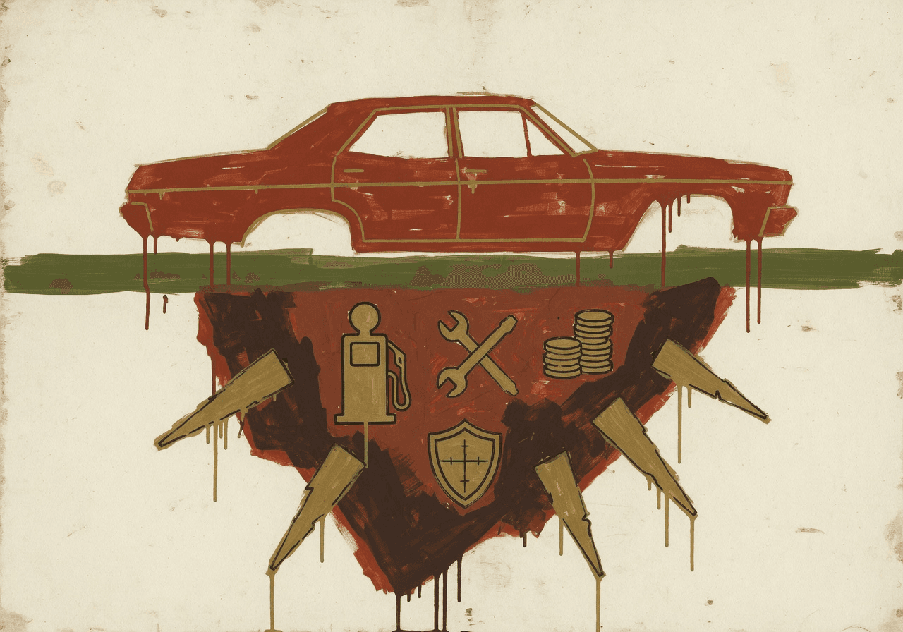 A vintage sedan floating above a water-line; only the upper half is visible. Below the line a large submerged mass of hidden costs spreads downward like an iceberg, with painted spikes shaped like a gas pump, a wrench, a coin stack, and an insurance shield.