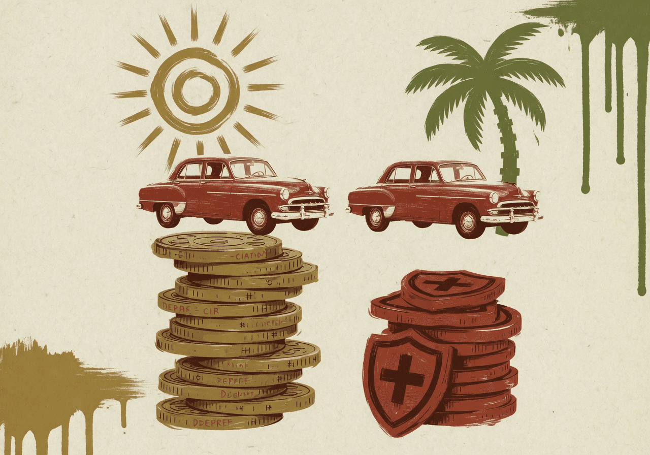 Two identical sedans side by side; above the left one a glowing sun symbol, above the right one a palm tree. Below each car, two stacks of tiles at different heights — depreciation vs insurance — flipping which is taller.