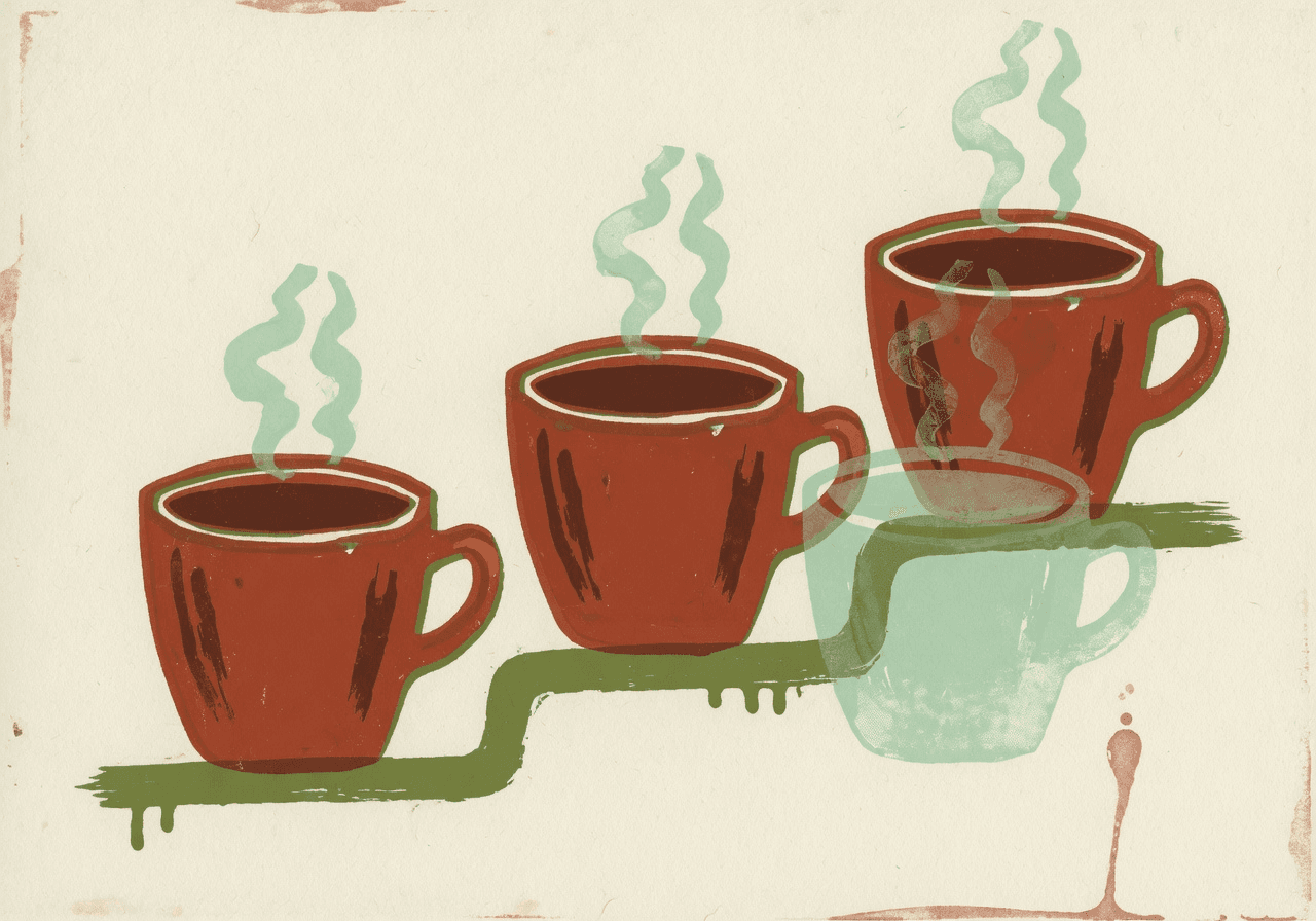 Three full ceramic coffee cups arranged in a graceful arc with small steam wisps; a fourth ghost-grey cup sits faintly behind the third.