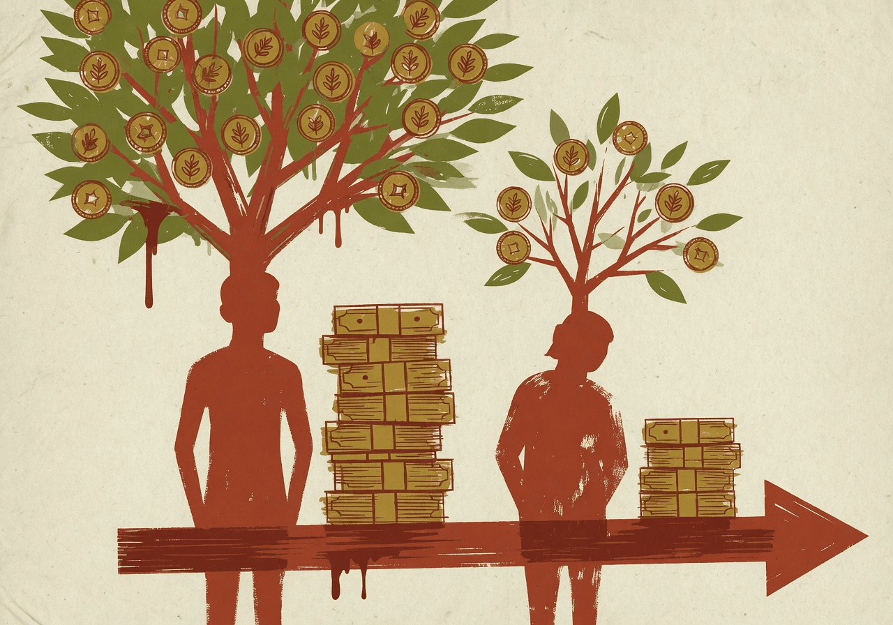 Two stylized figures side by side; the younger one has a tall tree full of coin-leaves and a tall stack of money, the older one has a small sparse tree and a small stack — a bold arrow points from left to right.