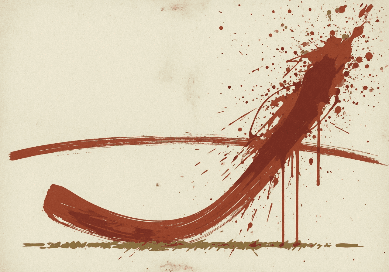 A hockey-stick growth curve as a single bold brushstroke — flat and thin for two-thirds, then bending sharply upward into a dense burst of dots and splatter.