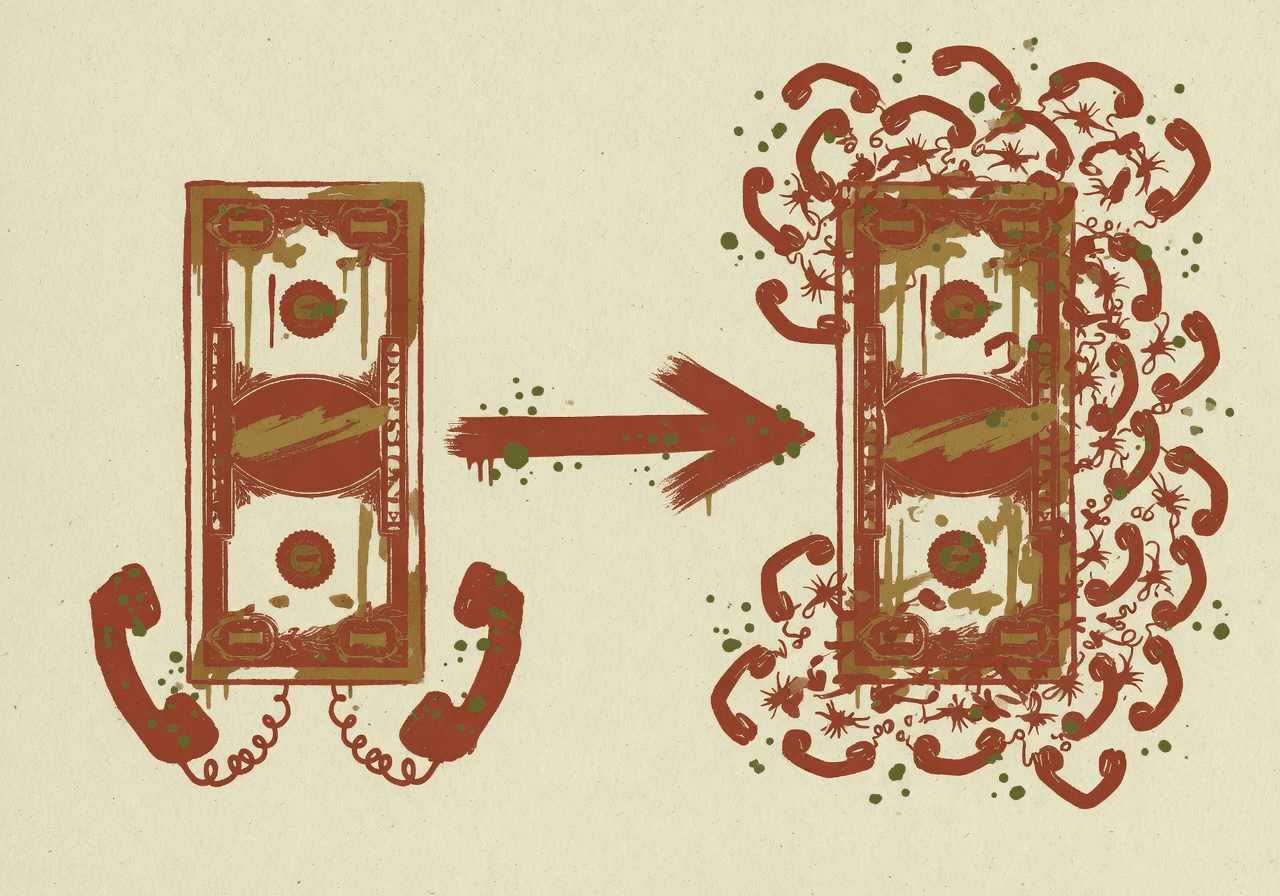 Two dollar bills side by side; the left bill is paired with two old telephone receivers, the right bill is surrounded by a flock of hundreds of tiny receivers spreading outward.
