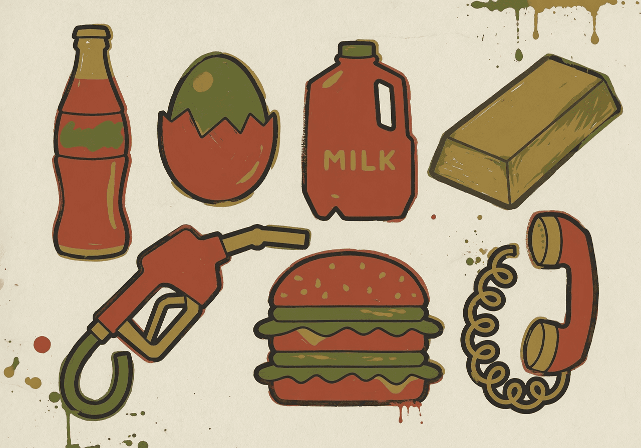 A mosaic grid of seven folk-painted icons: a Coca-Cola bottle, an egg, a milk jug, a gold bar, a gas pump nozzle, a Big Mac, and an old telephone receiver — each painted at a slightly different size.