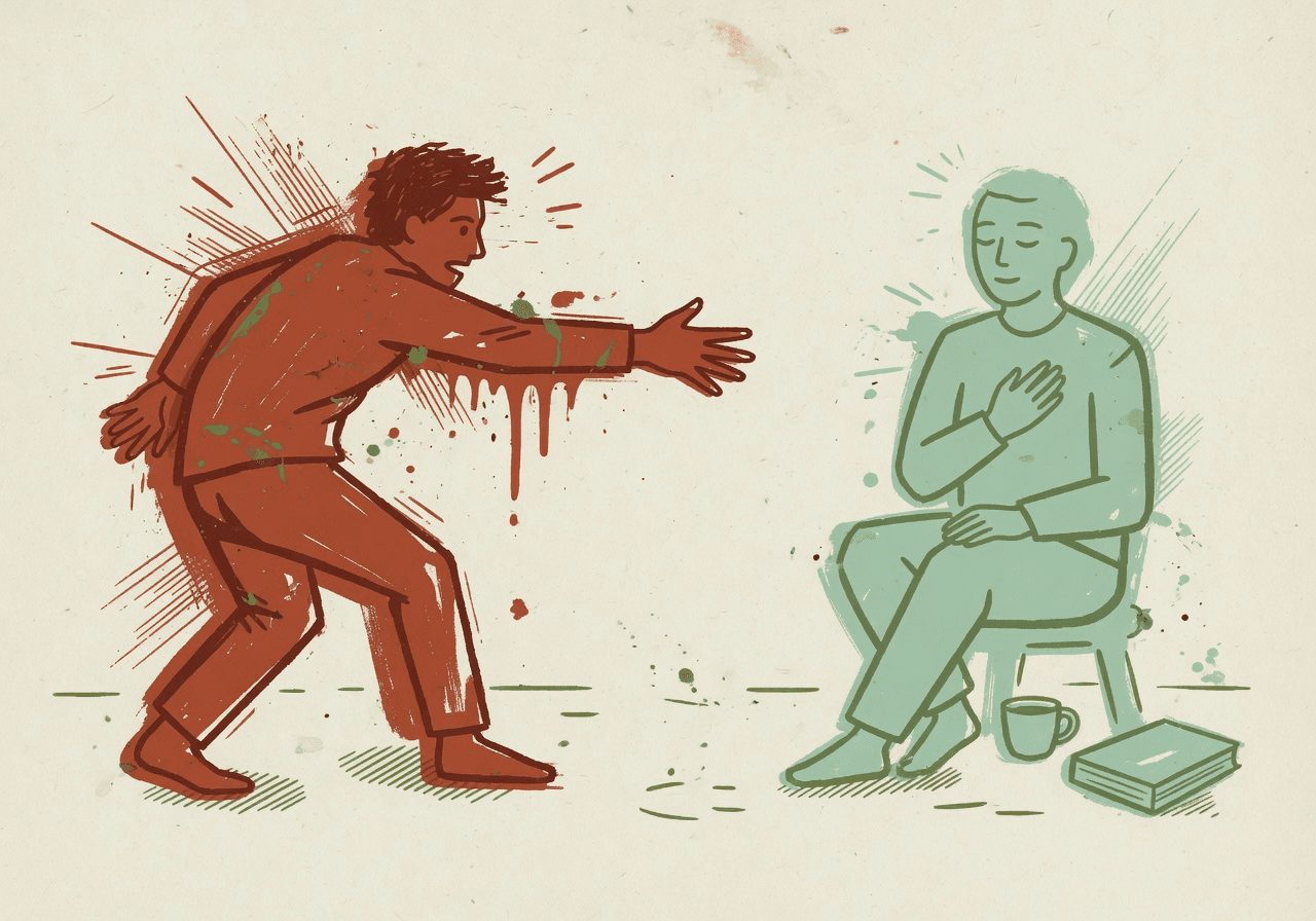 Two figures: one in tense terracotta tones reaches forward with an open hand toward something off-frame, ink drips trailing behind. The other figure, in calm mint green, sits quietly with a hand on chest, a cup and book beside them.