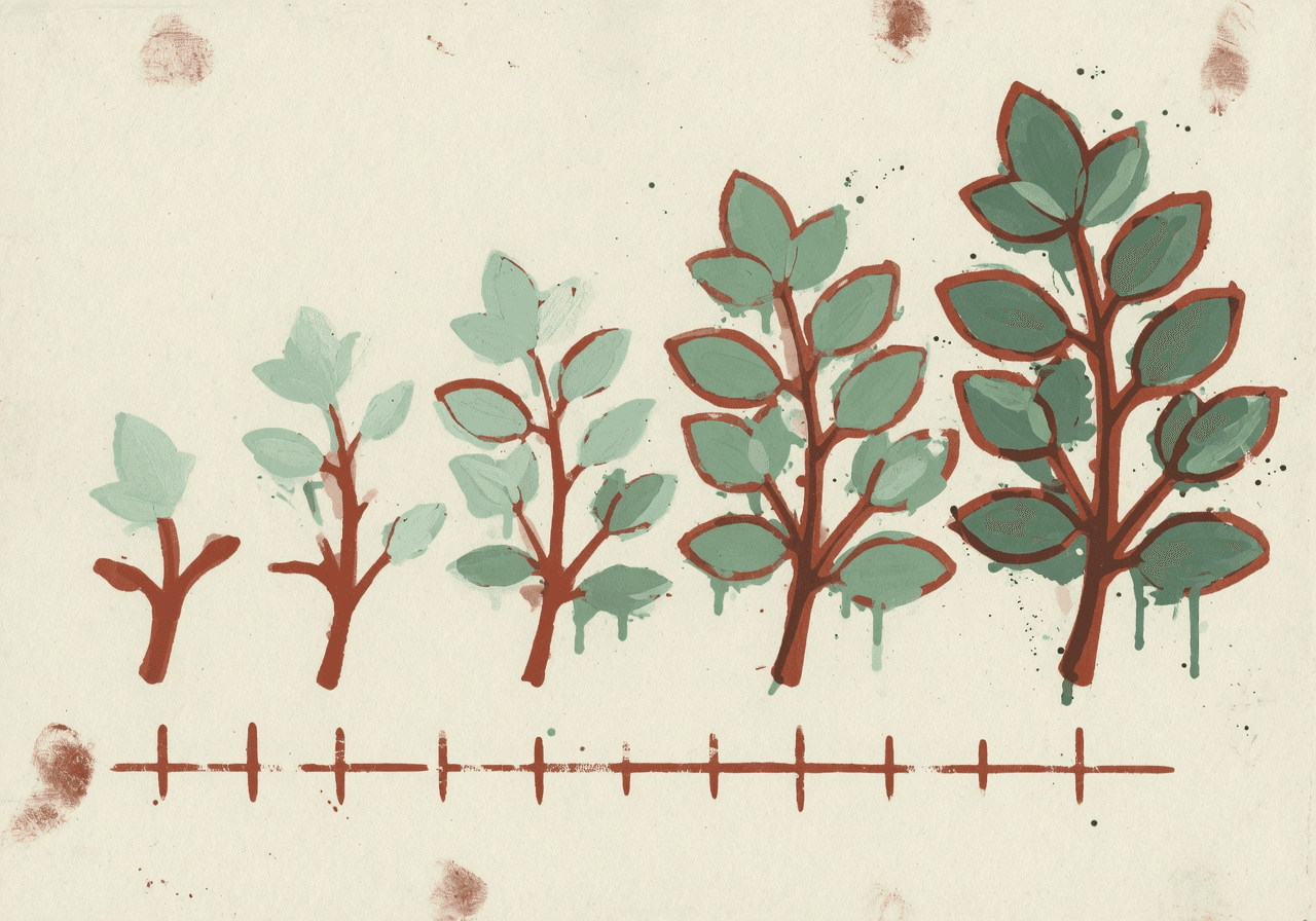 A horizontal row of five abstract botanical sprigs growing left to right — a seedling, a first leaf, branching stems, fuller foliage, and a mature plant — painted in terracotta outlines with mint fills that deepen toward the right. Beneath the row, evenly spaced terracotta tick marks suggest a 14-day timeline.