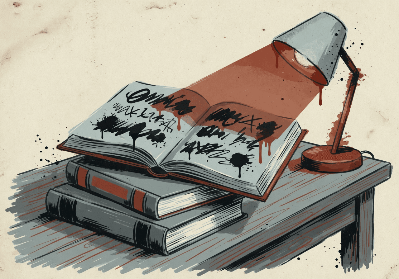 A folk-poster illustration of a short stack of books on a wooden table — top book lying open with handwritten ink marks, two closed hardcovers beneath, a reading lamp casting a directional warm glow across the open pages.