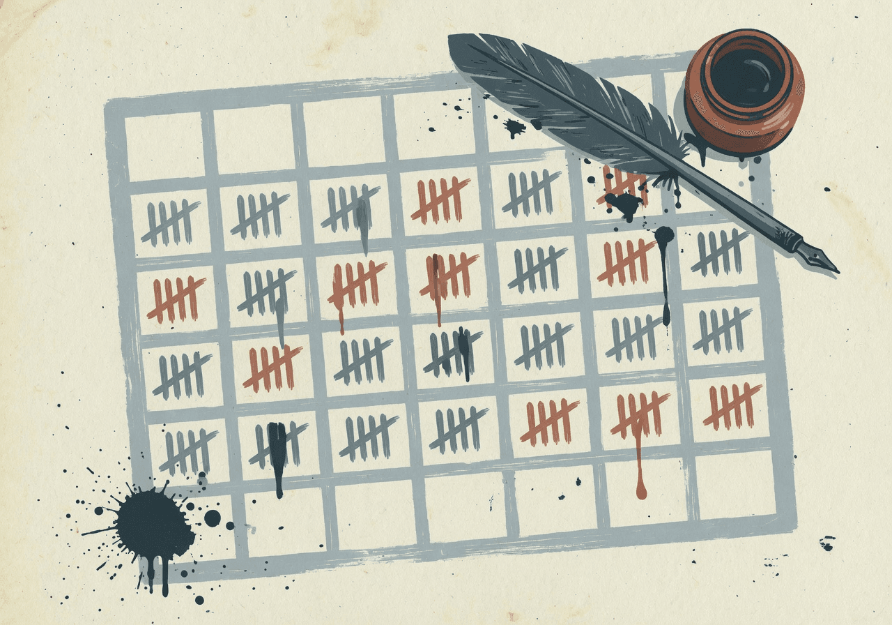 A folk-poster illustration of a small calendar grid (6 rows by 11 columns of squares = 66 days) marked with hand-drawn tally dashes in slate, a handful of marks accented in terracotta, with a small ink pot and quill pen resting at the corner.