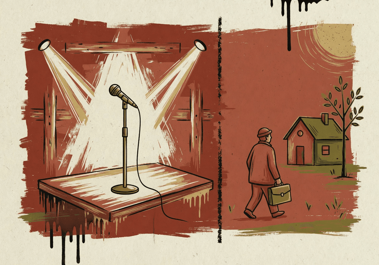 Two scenes split by a vertical line: on the left a brightly-lit empty stage with a single microphone, on the right a calm scene of a person walking with a briefcase past a small house and a sapling.