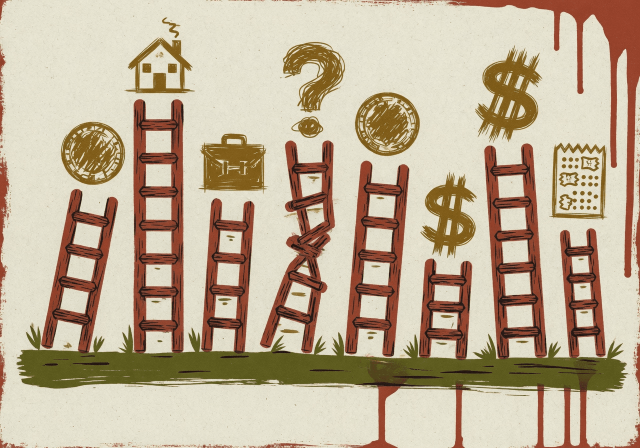 Seven hand-painted ladders of varying heights standing in a row on the same ground line, each topped with a small symbol — coins, a house, a briefcase, a question mark, a dollar sign, a lottery ticket.