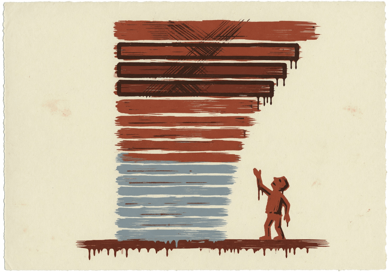 A tall stacked-bar leaderboard of 41 ranked items on cream paper, top bars longest. A small figure stands to the right looking up at the top of the list with one arm slightly raised.
