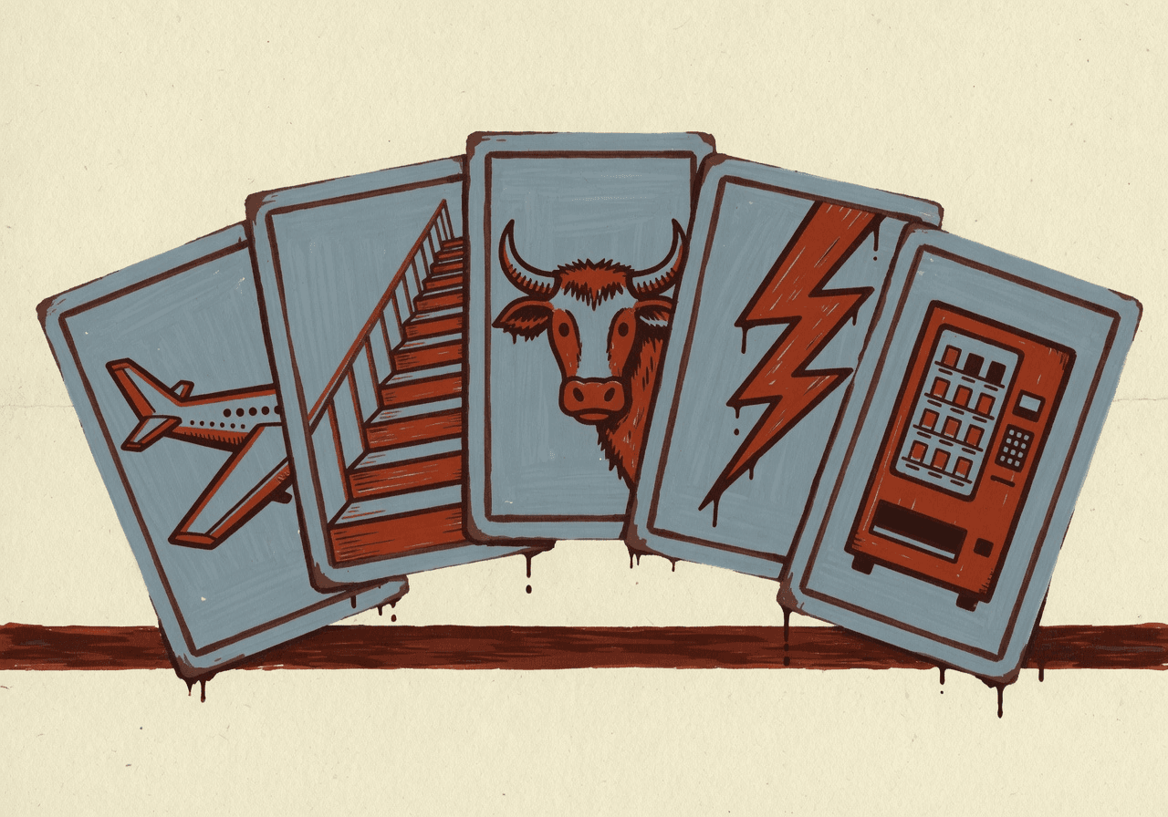 Five tarot-style cards fanned in a curved spread on cream paper, each showing a single bold symbol: an airplane wing, a staircase, a cow head with horns, a lightning bolt, a vending machine silhouette.